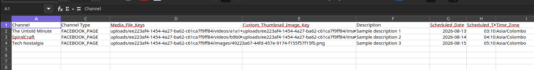 A filled-in Socialic Bulk Creator Excel template with columns for platform, caption, media, date, time, and timezone