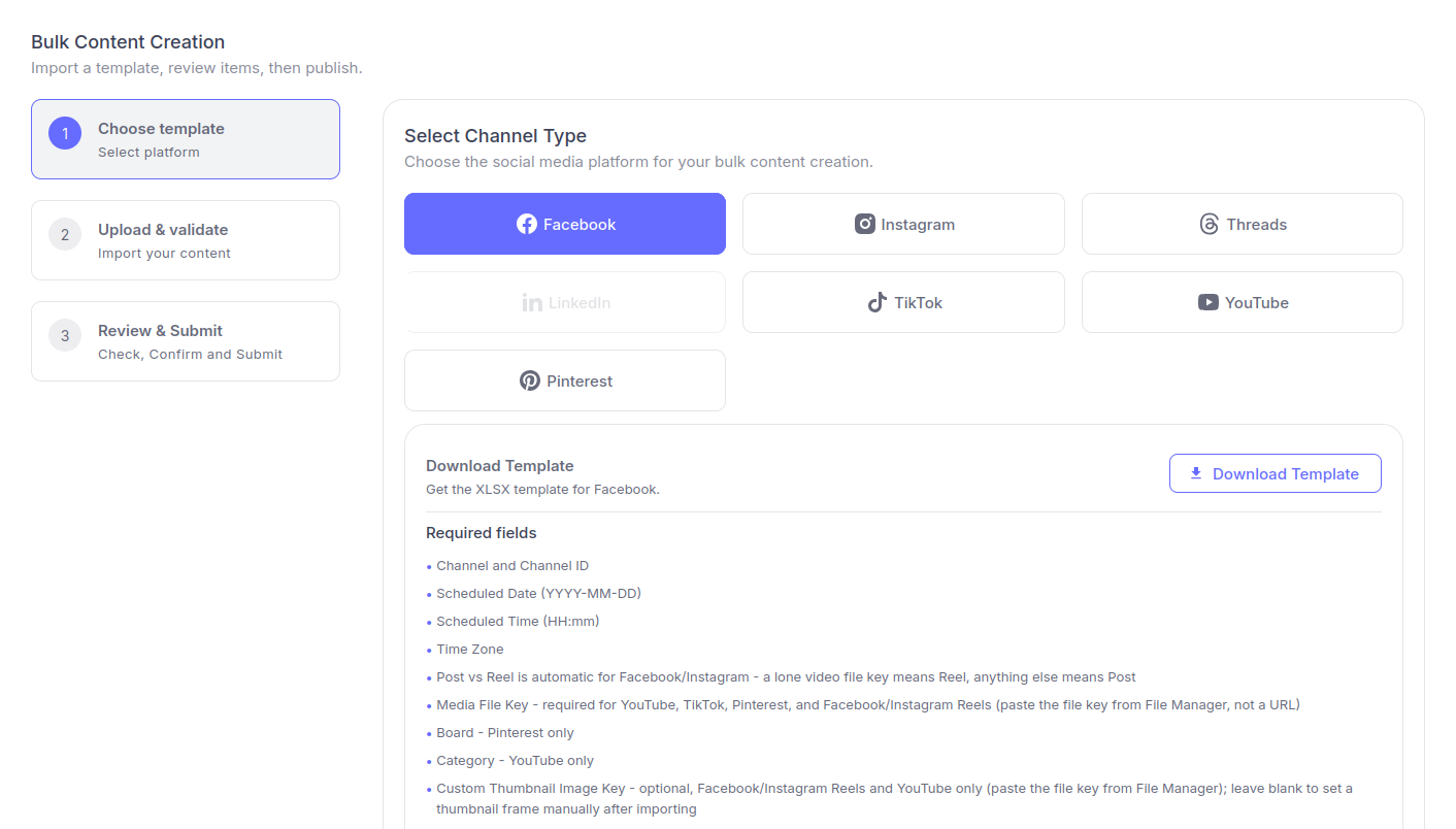 The Bulk Creator page in Socialic, where you upload your completed Excel sheet